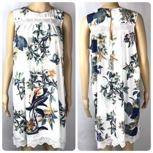 Floral Lace Shift Dress White Green Peach Size OS
